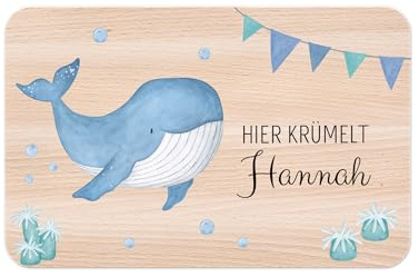 wunderwunsch - Personalisiertes Holzbrett mit Hochwertigem Spezial-Druck für Kinder - Personalisiertes Frühstücksbrettchen - Niedliche Motiv-Brettchen mit Namen (Wal Girlande)