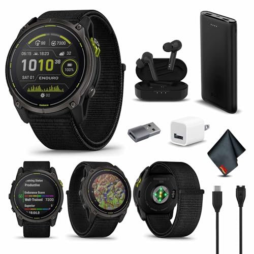 Garmin Enduro 3, Solar, Sapphire Multisport GPS Smartwatch Carbon Gray DLC Titanium with Black Ultrafit Nylon Strap, 90 Days Battery, Built-in LED Flashlight, Fitness Smart Watch Bundle