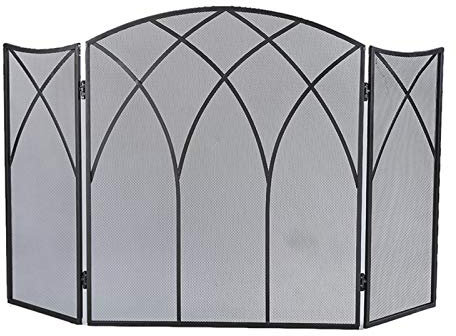 QXGJTLI Funkenschutz für Kamine, schwarz, 3 Paneele, großer Kaminschirm, Schmiedeeisen, Metall, Kamin, stehend, solide, babysicher, Zaun, Stahl, Funkenschutz, Ehe