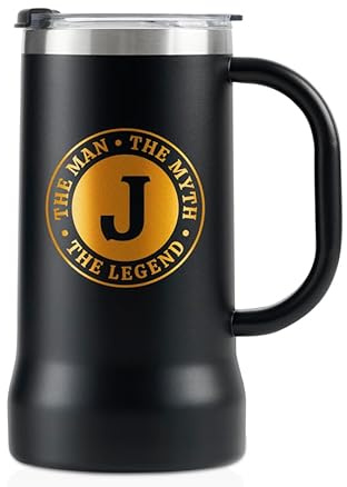 Onebttl Personalized Travel Mug with Handle, Beer Stein for Men, Funny Custom Alcohol Gifts for Beer Lovers, Unique Birthday Christmas Gifts for Him, the Man the Myth the Legend, J