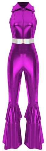 Linjinx Damer 70-tals disco kostym metallisk glänsande jumpsuit overall reverskrage ärmlös disco dansoverall utsvängda byxor karneval kostym lila M