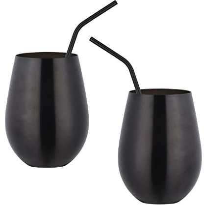 TEAHAHA 17 oz Stainless Steel Stemless Wine Glass Set of 2 with Straw，Outdoor Portable Wine Tumbler for The Pool, Camping,Cookouts， Unbreakable, Shatterproof Metal Drinking Tumblers (Black)