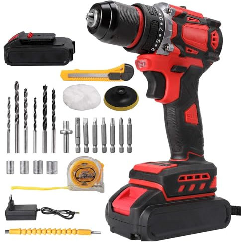 Taladro atornillador inalámbrico, 21 V, atornillador desatornillador inalámbrico, con batería, 50 Nm percusión, 28 accesorios y Maleta, 21 ajustes de par, 2 velocidades, LED, para bricolaje (1