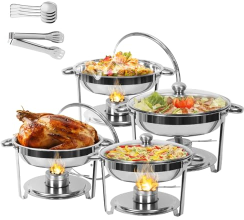 pofluany Chafing Dish Buffet Set w/Glass Lid 5.5L 4Pack Round Chafing Dish Buffet Set w/Glass Lid & Lid Holder Serving Utensils Stainless Steel Chafers for Catering for Parties Wedding 1 Set