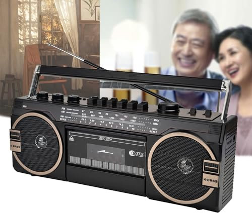 Boombox Bluetooth AM/FM/SW12 Trois Bandes, avec Grand Haut-Parleur + Prise pour écouteurs, Port USB, magnétophone auxiliaire, Style Classique des années 80 avec Technologie Moderne, Noir