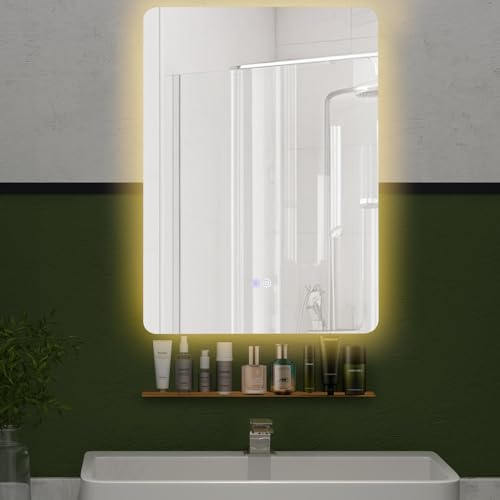 Fantas LED-badrumsspegel med belysning, badrumsspegel dimbar med touch-strömbrytare och minnesfunktion, 3 000 K–6 000 K, anti-dimma väggspegel, rektangulär med hylla, 70 l x 50 B cm