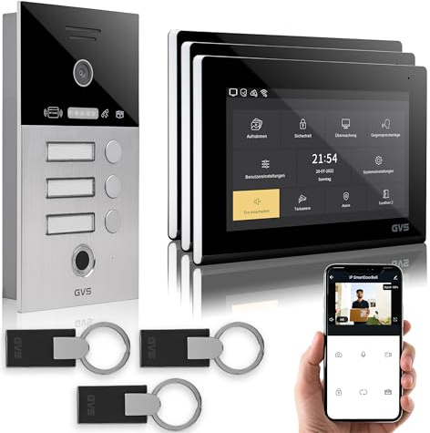 GVS Video Türsprechanlage 3 Familienhaus RFID + Fingerprint - 3x7 Monitor | Smarte Video Türklingel mit Kamera und Monitor & App - Gegensprechanlage mit Türöffner, RFID & Fingerprint (AVS5091U)