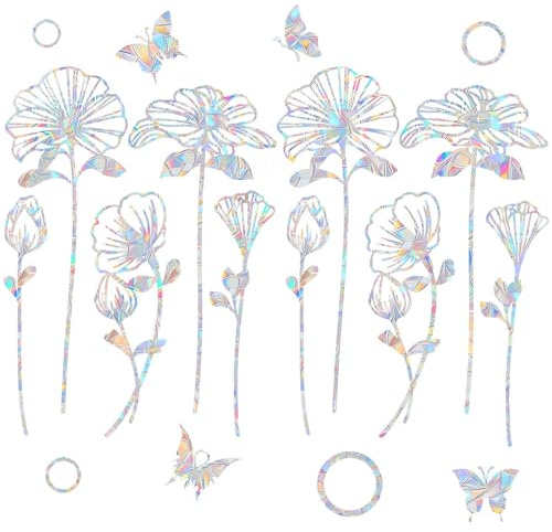 CharmBurst 2 Blatt Blumen Fensterfolien gegen Vogelschläge, Regenbogenfolie für Fenster, Fensterdekoration mit Regenbogeneffekt, Prisma-Fensteraufkleber für Vogelschutz