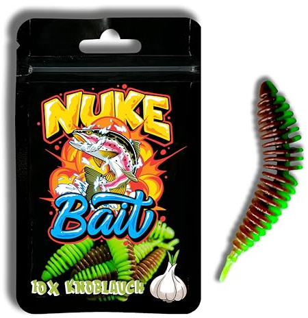 Nuke Bait - Forellen/Barschköder - Twister mit Aroma - 5 STK. - Das Original - Barsch Köder, Gummiköder mit Lockstoff, Angelköder, Raubfisch (Knoblauch, Braun/Grün, 4cm)