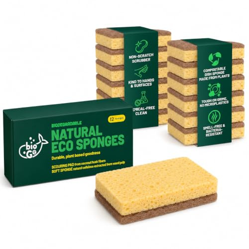 bioGo Biodegradable Sponges Kitchen 12 Pack - Eco-Friendly, Compostable, Natural Cellulose Dish Sponges - Biodegradable Sponges Washing Up - Reusable Washing Up Sponge - UK Brand