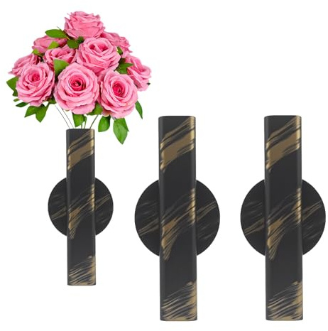 Self Adhesive Wall Vase Metal Tube Decoration Holder Used to Display Dried Flower, Faux Flowers, Fake Flowers, Also Suitable for Cemetery Memorial Decoration (2 Pcs Black and Gold Stripe)