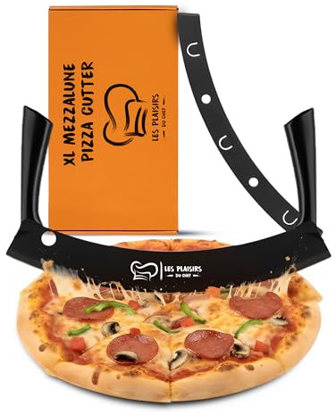 Les Plaisirs Du Chef – Ultravass pizzaskärare i rostfritt stål med självhäftande beläggning – dubbelt handtag – vaggkniv (mezzaluna) -35,5 cm (svart/X-stor)
