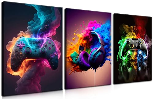MUWAK Gamer Room Decor Canvas Wall Art for Teen Boys Room - Cool Video Gaming Theme Wall Decor Set of 3 - Game Paintings Picture Print for Youth Boys Bedroom 16x24 inch