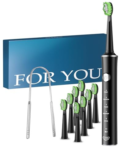 JTF Spazzolino Elettrico Sonico con 8 Testine & Raschietto Lingua, 5 Modalità e Smart Memory, Timer 2 Minuti, Impermeabile IPX7, Rechargeabilité Ricarica Rapida 3H, Adulto (Nero)