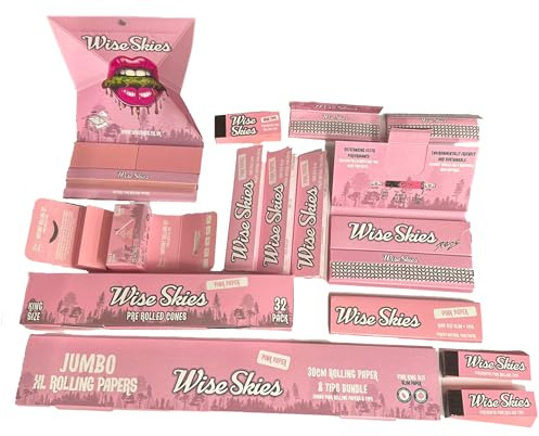Wise Skies Pink Rolling Paper King Size Slim Pre-Rolled Cones 1 1/4 Perforated Wide Tips Mega Bundle For Smoker Rolling Accessories (14 Items)