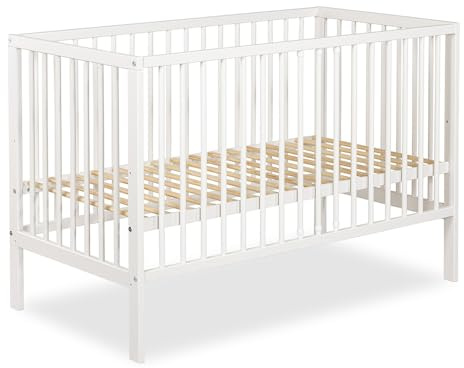 Babybett 120x60 cm Eiche – Einfache Konstruktion Kinderbett Holz – höhenverstellbar, Gitterbett aus Massivholz, modernes Design, Babybett für Neugeborene und Kleinkinder (Weiß)