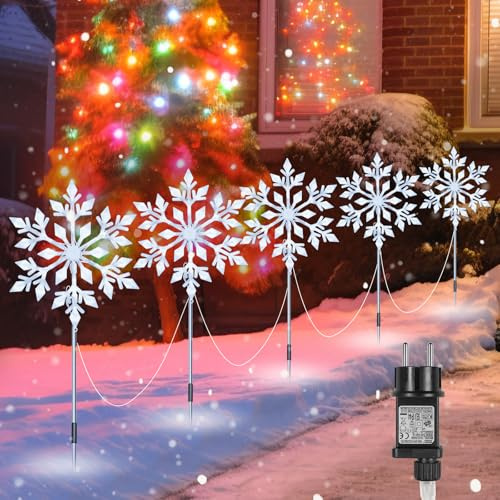 MaxEarn 5 Stück Schneeflocke Lichterketten Außen, 150 LED Leuchtstäbe | 2-in-1 Leuchtstäbe & Hängedeko, 8 Modi mit Timer, IP44 Wasserdicht, Gartenstecker mit 5 m Kabel für Garten, Weg & Balkon