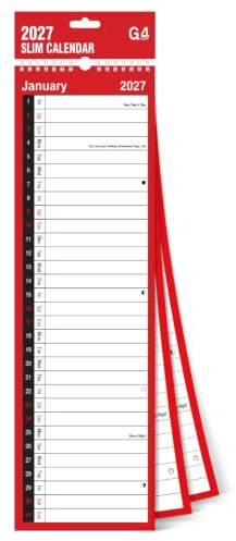G4GADGET 2027 Slim Wall Calendar – Spiral Bound Hanging Planner & Monthly Organiser | Red & White Vertical Design | UK Holidays, Notable Dates & Forward Planner 2028 | Ideal for Home, Office & School