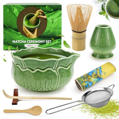 Raxfekro Juego de 8 piezas de matcha, escoba matcha, batidor de matcha, cuchara de matcha, cuenco de matcha con caño, whisk matcha, cuchara colador de acero inoxidable, juego de té matcha de cerámica