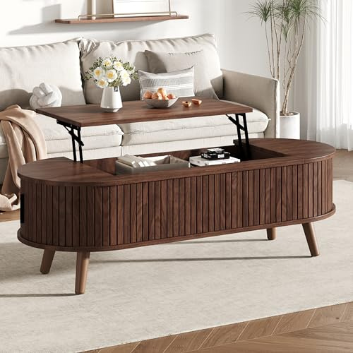YuQozii Mesa de centro elevable de 120 x 50 x 39,5 cm, se puede elevar a 53,5 cm, mesa de café con espacio de almacenamiento oculto, con 5 estantes, mesa de salón, mesa de sofá, nogal