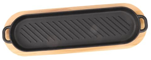 Toyvian Plaque à Steak Fonte Double Poignée 40 Cm avec Plateau en Bois Naturel, Poêle de Cuisson pour Grillades, Cuisson au Barbecue et Service à Table, Ustensile Robuste Maison Cuisine