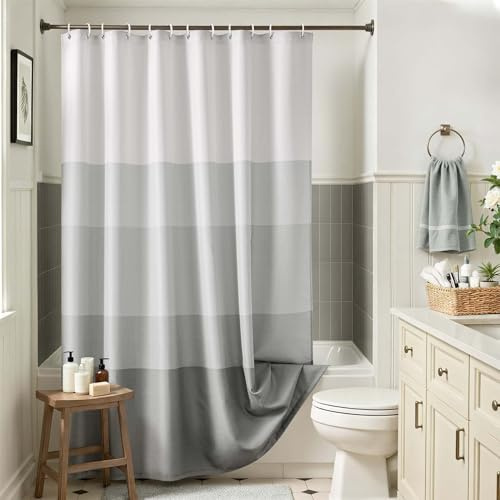 Vangao Duschvorhang 180x200 cm Grau Ombré Wasserabweisend mit 12 Haken Bunt | Duschvorhang Streifen Textil für Badewanne Badezimmer Hotel, Polyester Waschbar Shower Curtains mit Ösen Modern