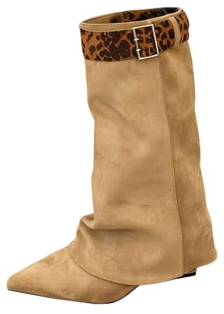 Stövlar dam slouchy stövlar halvhöga stövlar spetsiga mocka vidhöga stövlar vinter varma damstövlar utomhus vindtäta Chelsea stövlar vinterstövlar lätta vinterstövlar fritid cowboystövlar, kaki, 41 EU