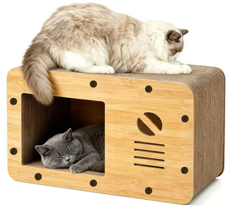 Rascador para Gatos de Cartón, Casa para Gatos Cartón Grande Doble Capa, Resistente y Multifuncional para Rascar, Descansar y Esconderse, Protege los Muebles (A, 60×30×30CM)