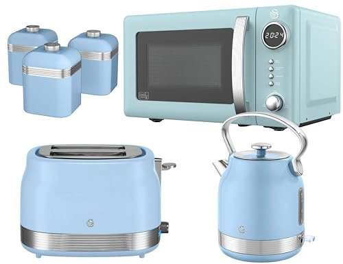 Swan Retro Revive Blue Kitchen Bundle Set – Traditional Stovetop Design Kettle, 2 Slice Toaster, 800W 20L Digital Microwave and Tea, Coffee, Sugar Canisters. Retro Gloss Finish with Chrome Accents