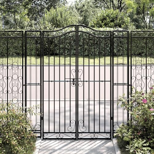 Black Wrought Iron Garden Gate, 121x8x150 cm Ornamental Metal Fence Gate with Lockable Bolt Hinge, Durable Entryway for Yard and Patio