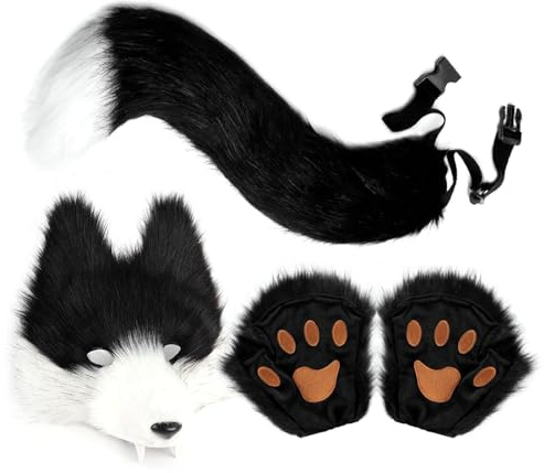 Generisch Wolf Maske & Schwanz Set – Kunstleder Wolfsmaske mit PfotenHandschuhen & Fuchsschwanz – Realistisches Cosplay Zubehör für Halloween, Karneval & Mottopartys – Kostüm Set für Damen & Herren