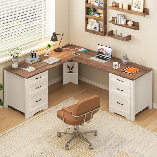 Halitaa Farmhouse Home Office Desk with 6 Drawers, L Shaped Executive Desk with Power Outlets and Triangle Under-Desk Storage Shelf & Drawer File Cabinet, Corner Computer Desk, Brown