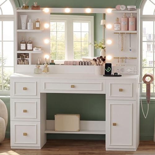 Heybly Toeletta Trucco con Specchio LED e Luci, Tavolo da Trucco con 6 Cassetti e 6 Ripiani, Presa Integrata e Porta Gioielli, Vanity Moderna per Camera da Letto, Bianco BDT002WT