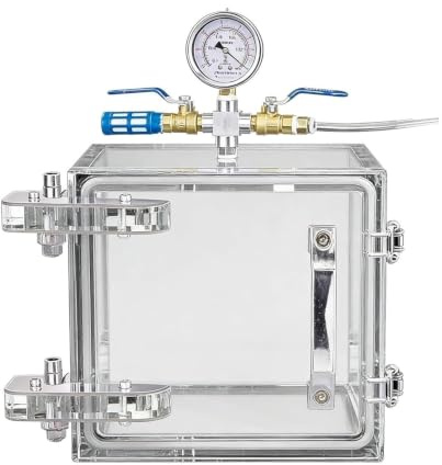Transparent akryl vakuum avgasning kammare låda med manometer och 2-vägs luftventil, kraftigt tätningstänkande torkskåp lämpligt för applikationer (20 x 20 x 20 cm)