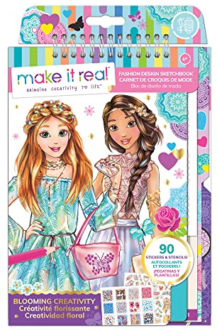 Make It Real Blühende Kreativität Modedesign-Skizzenbuch mit Schablonen und Aufklebern für Kreativität - Kunst- und Bastelarbeiten für Kinder Malbuch - Geschenke für Mädchen