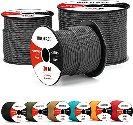 Brotree Paracord 3mm 50M 100% Nylon Seil Schnur Typ II Paracord 425 mit 3 Kern für Survival, Outdoor, Armband, Basteln - Bruchlast 192kg (Schwarz)