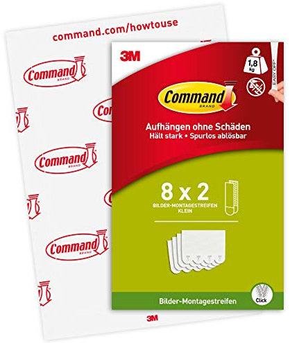 Command Strisce Appendiquadri Adesive Piccole Bianche, Confezione da 8 Coppie – ottimale per Appendere Quadri, Cornici e Specchi al Muro senza Chiodi, Tenuta fino a 2 kg