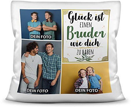 Print Royal Kissen mit Füllung - Fotocollage selbst gestalten mit Spruch für Bruder - GLÜCK - mit DREI eigenen Fotos - Geschenkidee Fotokissen - Kissen Polyester - Weiß