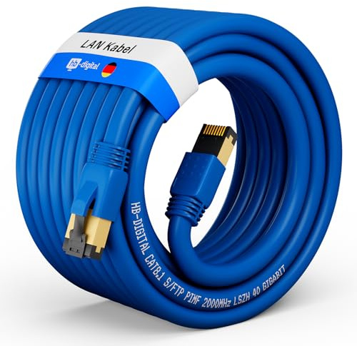 hb-digital 10m Patchkabel CAT 8.1 LAN nätverkskabel S/FTP PIMF 2xRJ45 Plug koppar LSZH Halogenfri RoHS-kompatibel 40 Gbits Ethernet Port 2000 MHz Internet DSL, PC, Router, Switch, Modem, TV blå