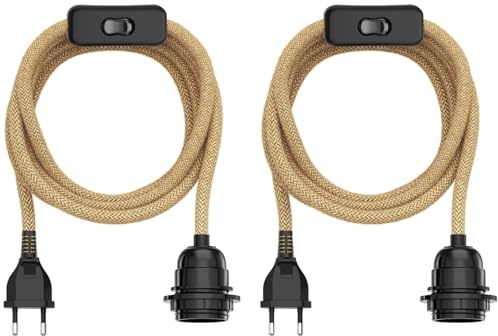 ledscom.de 2 st hampakabel/textilkabel LEKA, kontakt, strömbrytare, beige, 3 m, lampfattning, 1 st E27 max. 60 W