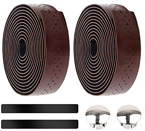 Gexmile 2 Rollen Fahrrad Lenkerbänder Radfahren Rennrad Lenkerband Leder PU Cycling Band rutschfest Komfort Braun Mit Lenkerendstopfen