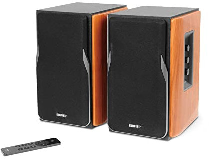 EDIFIER Studio R1380DB 2.0 Regallautsprecher-System 42 Watt mit Bluetooth 5.1. Infrarot-Fernbedienung und seitliche Regler für Bässe, Höhen und Lautstärke. Perfekt für TV, PC, Smartphone etc., Braun