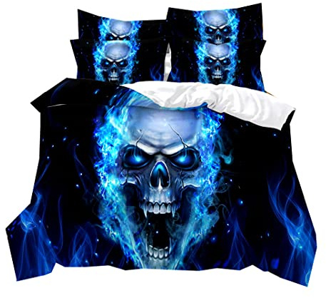 Totenkopf Skull 3D Bettbezug mit Reißverschluss, Schwarz Grau Rot Blau Flamme Totenkopf Bettwäsche Set Sensenmann Graffiti Männer Bettbezug und Kissenbezug, Mikrofaser (Blau,135 x 200 cm)