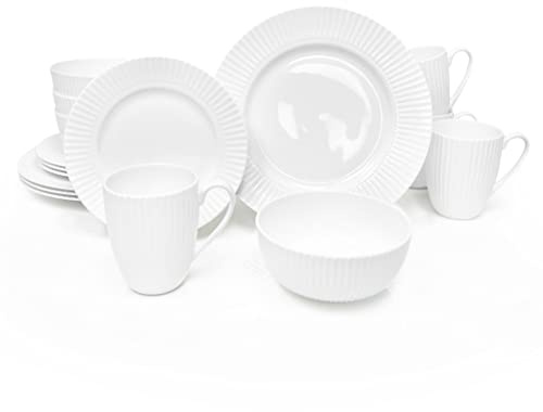 Service de table 16 pièces en porcelaine anglaise pour 4 personnes, vaisselle à rayures blanches en relief, passe au micro-ondes, résistant aux éclats, vaisselle pour la vie formelle, décontractée et