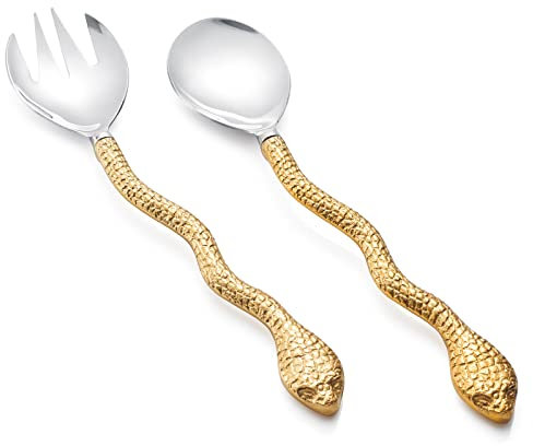 Gold Serpent Snake Salad Servers Brass & Stainless Steel, CNY Year of the Snake, Fork & Spoon Set, Two Tone Ideal for Weddings, Dinner, Elegant Flatware, Housewarming, Stainless Steel Mirror Polished