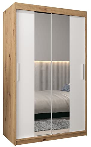 MEBLE KRYSPOL Kleiderschrank mit Spiegel Tokyo 1 - Garderobenschrank - Schrank Schlafzimmer - Mehrzweckschrank Zwei Schiebetüren - Regalen - Flur Möbel - Kleiderstange Schrank - Allzweckschrank