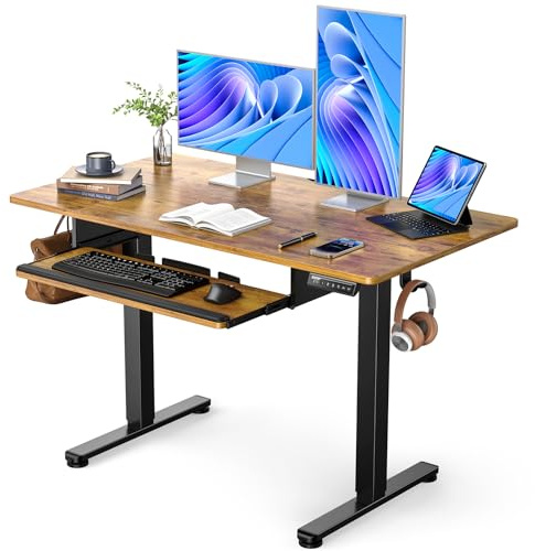 ErGear Electric Standing Desk with Full Size Keyboard Tray, Adjustable Height Sit Stand Up Desk, Home Office Desk Computer Workstation, 48x24 Inches, Vintage Brown