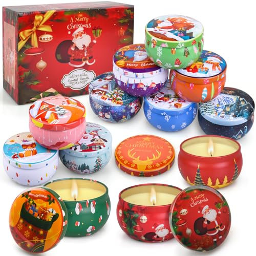 Christmas Scented Candles Set 12 Pack, Natural Soy Wax Xmas Tin Jar Aromatherapy Candles