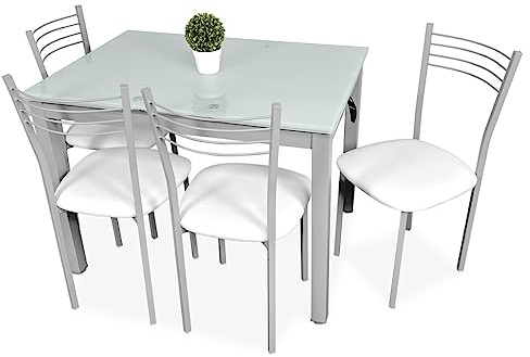 Somnia Descanso - Pack Mesa de Cristal de Cocina o Comedor + 4 Sillas Color Blanco a Juego, Modelo Närke, Prácticas y Funcionales. Medidas: 100-170 cm (Largo) x 70 cm (Ancho) x 75 cm (Alto)