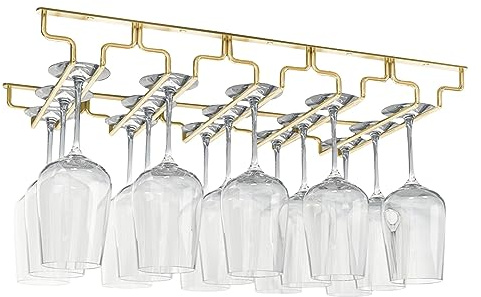 SAGIDAR Metall Hängende Weinglashalter Gold, Regal Weinglas Aufbewahrung Edelstahl, Weinglasregal Unter Dem Schrank, Breite 18/22.5/28cm, Einfacher Zugang, Für Hausbar, Küche, Bar, Restaurant